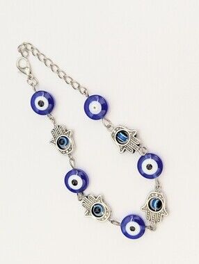 NWOT Blue & Silver-Tone Evil Eye & Hamsa Beaded Adjustable Chain Bracelet